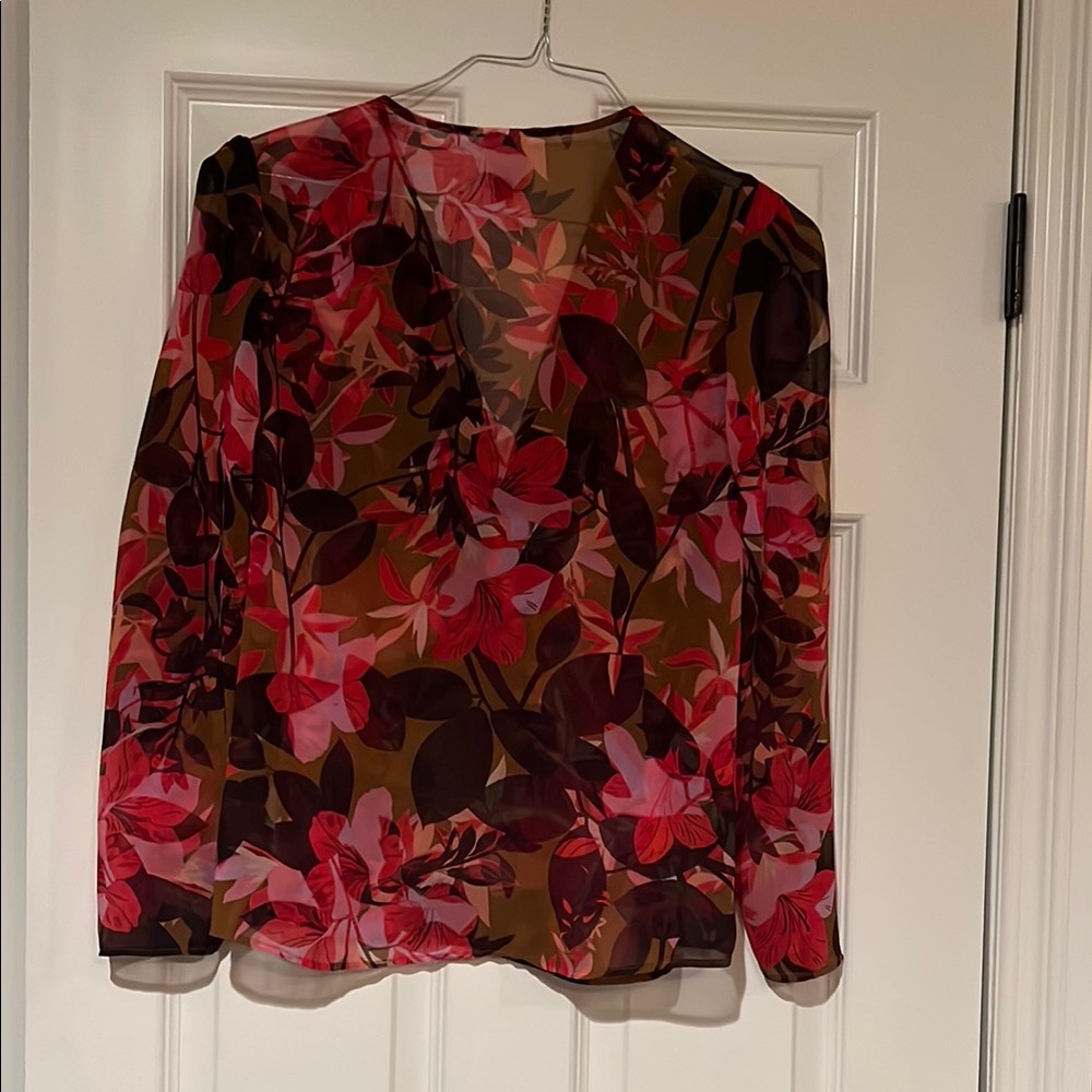 CAbi Red and Brown Asymmetrical Blouse